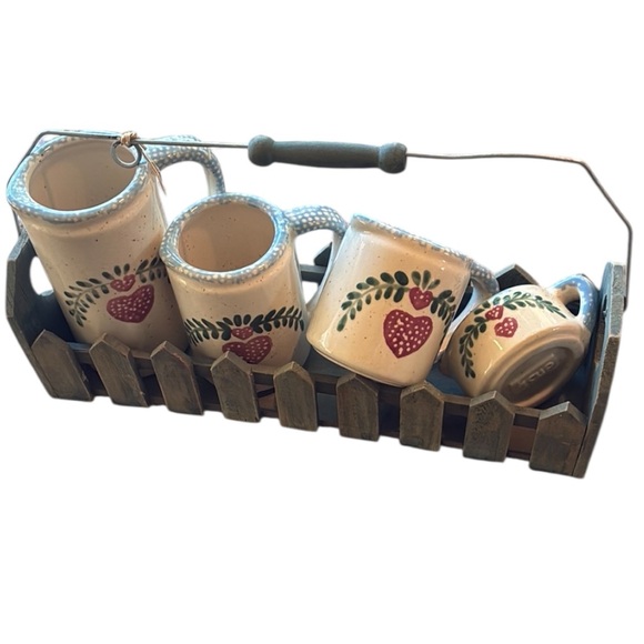 Other - VTG Set/4 Sponge Heart Measuring Cups Stoneware W/ Picket Fence Carrying Caddy